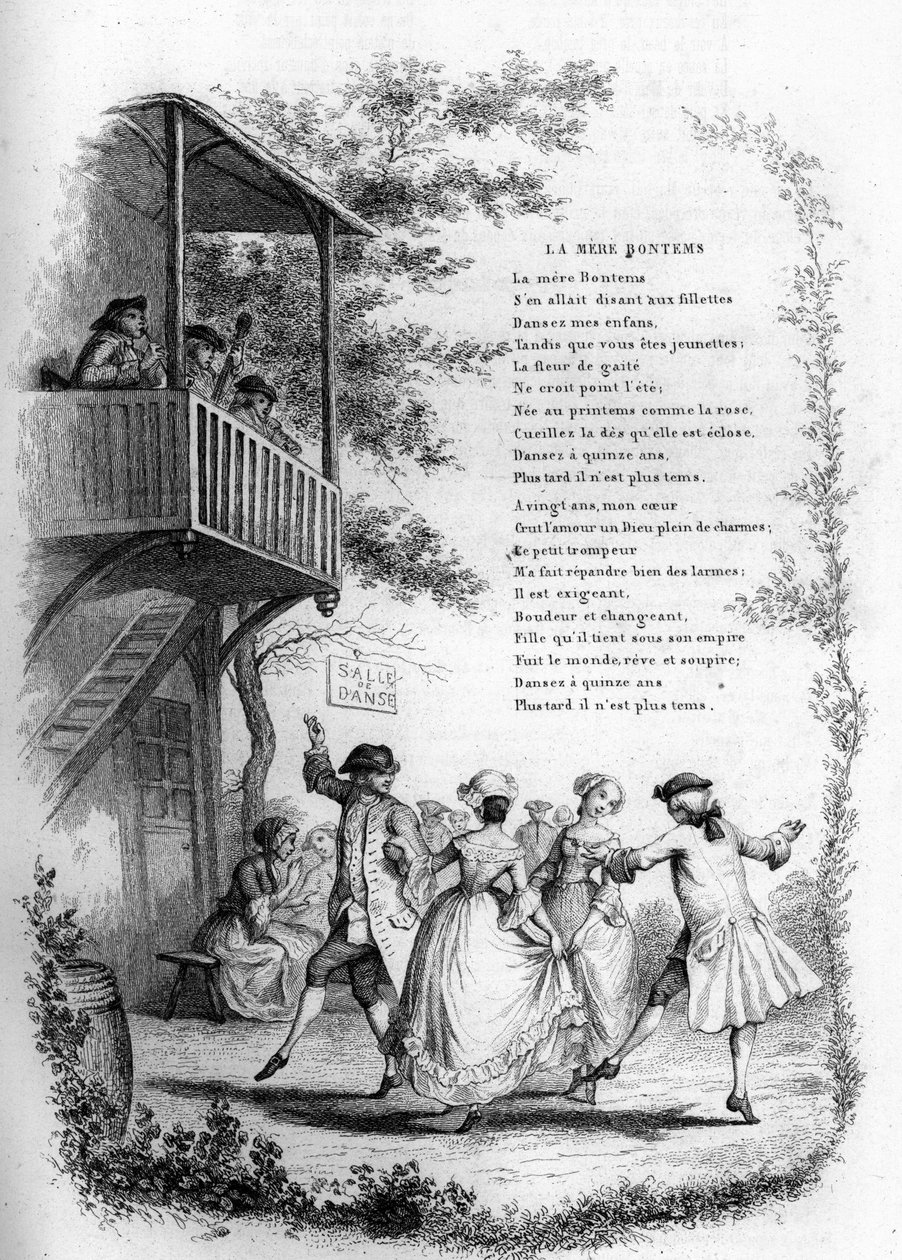 Mother Bontems (Bontemps). Dance of young couples in a village with musicians on the balcony. Engraving in Chants et chansons populaire de la France, Tome 2 by French School
