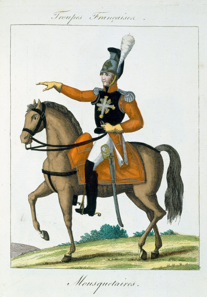 Mounted Musketeer, from Troupes Francaises, pub. chez Basset, Paris, c.1790 by French School