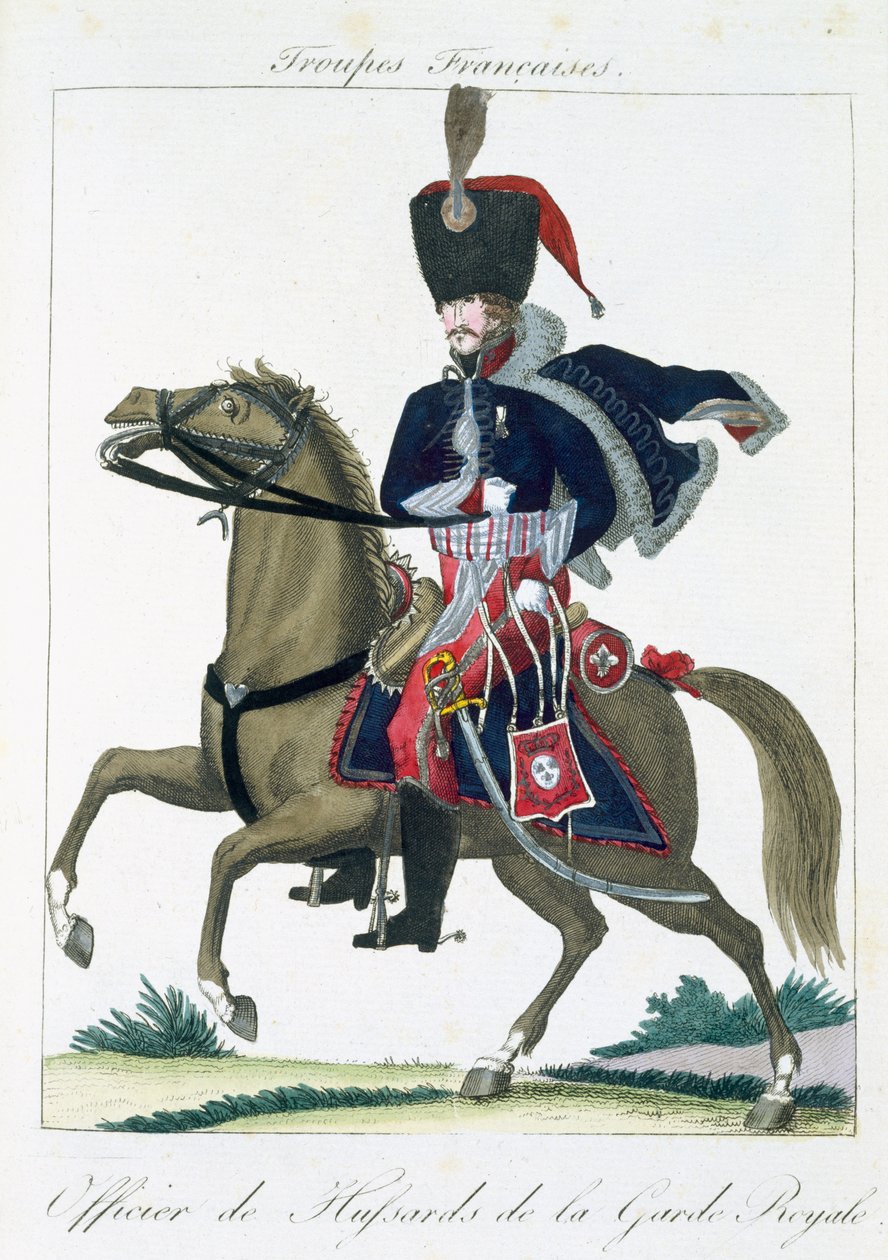 Mounted officer of the Hussars of the Royal Guard, from Troupes Francaises, pub. chez Basset, Paris, c.1790 by French School