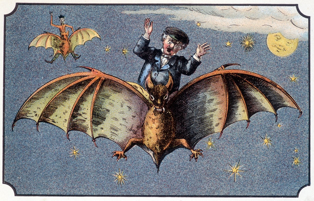 Mr. Baboulifiche riding a bat in space - in Journey in the Moon by French School