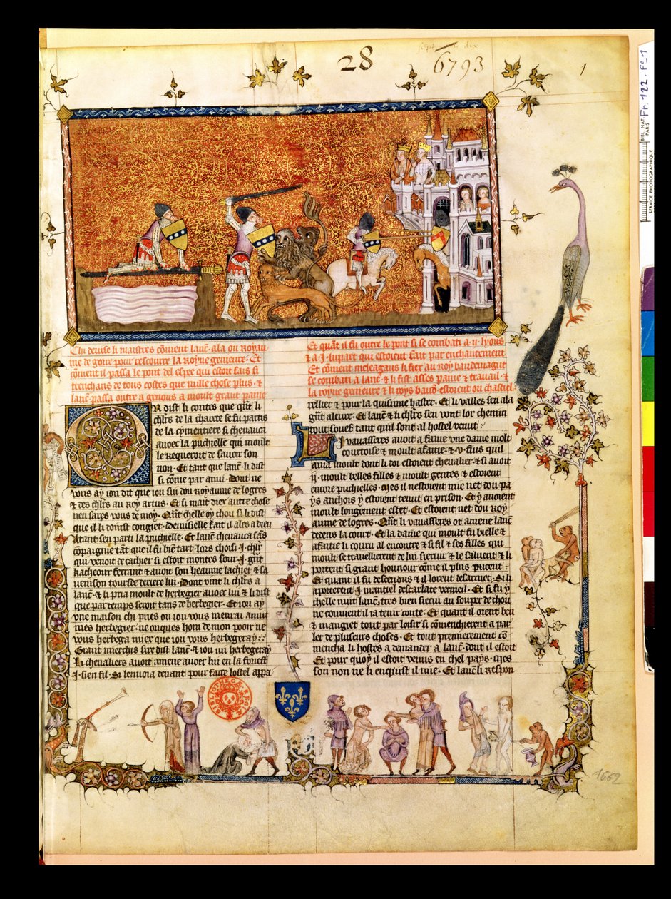 Sir Lancelot crosses the Sword Bridge, from the Roman de Lancelot du Lac, 1344 by French School