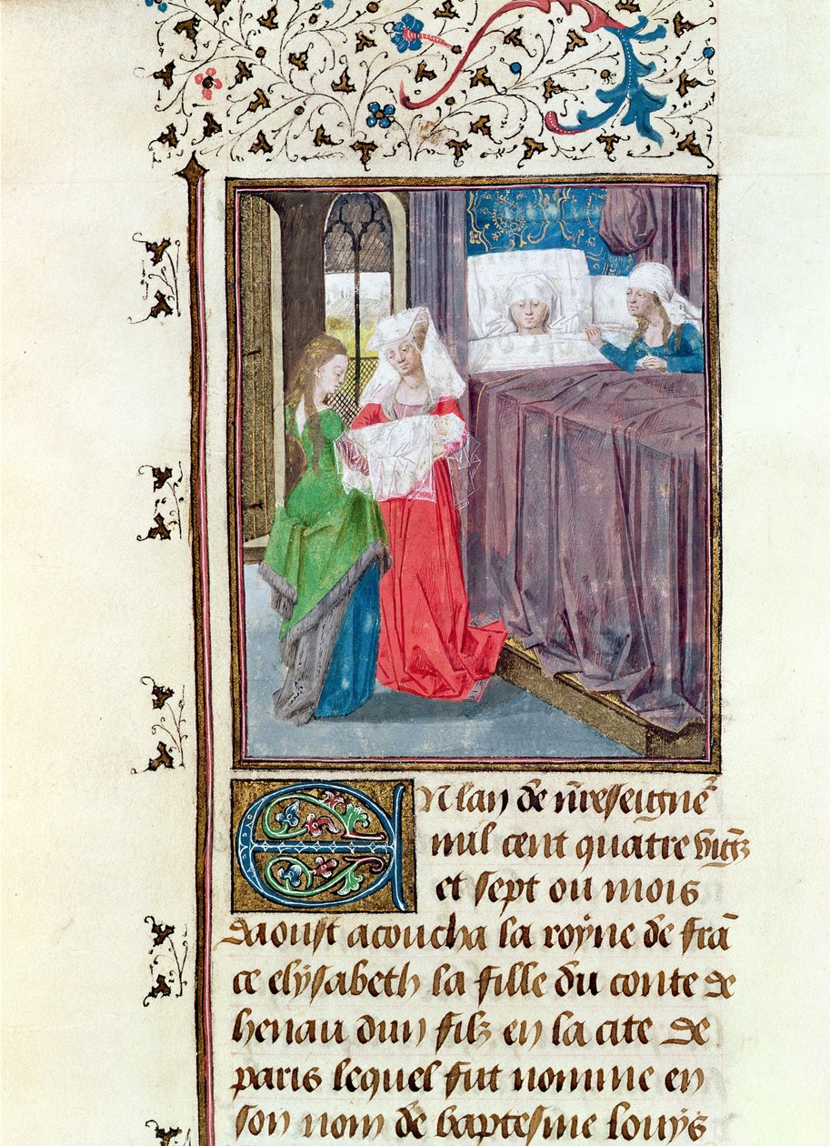 The Birth of Louis (1187-1226) in 1187, from the Histoire des Nobles Princes de Hainaut, by Jacques de Guise by French School