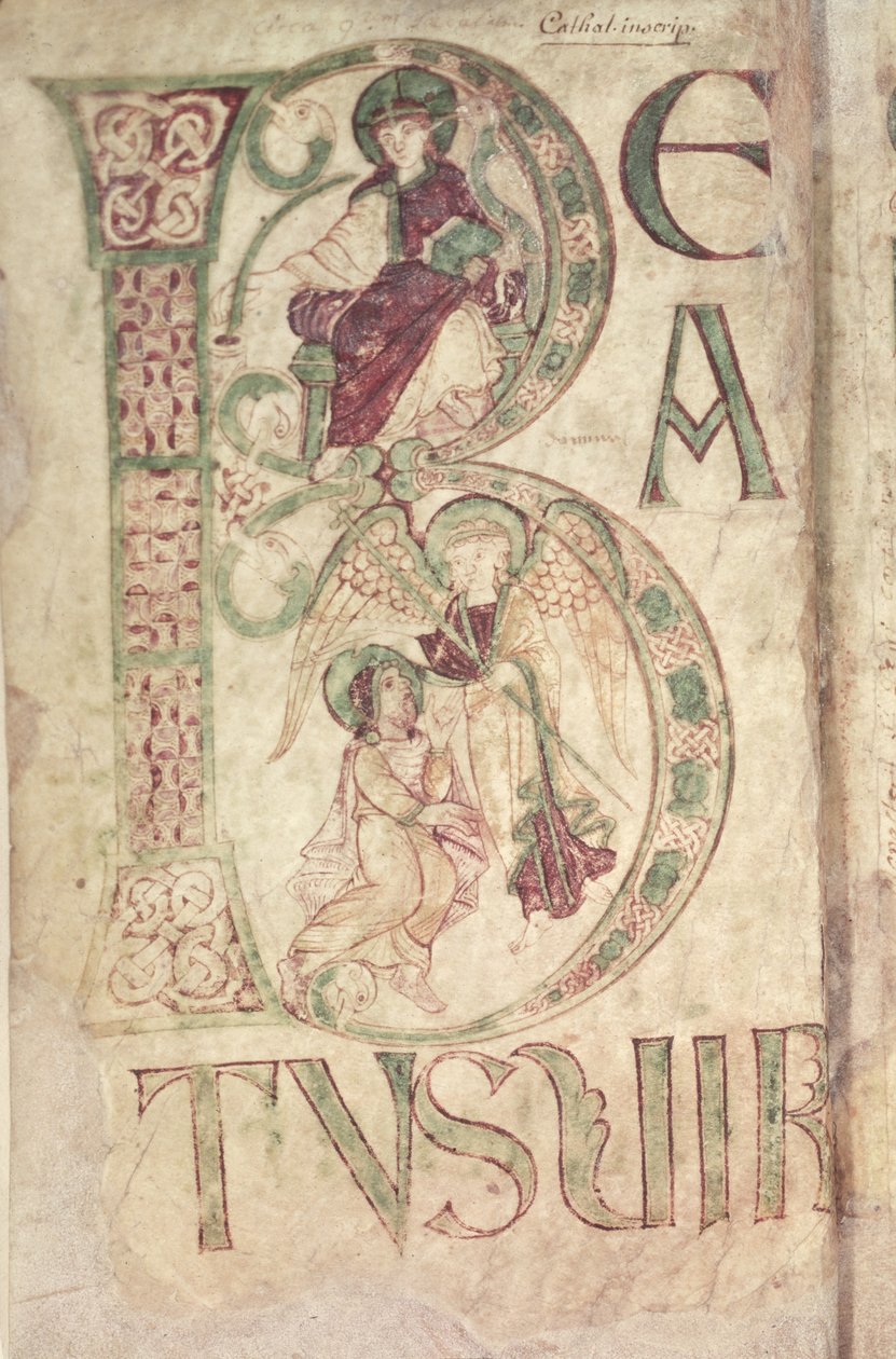Historiated initial B depicting St. John the Evangelist and an Angel, from the Psalter of Corbie by French School