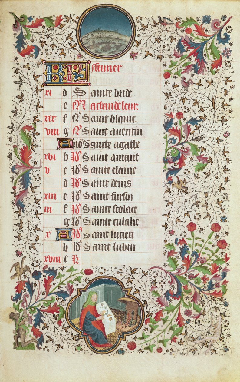 February: Pisces and a Man Feasting, from a Book of Hours by French School