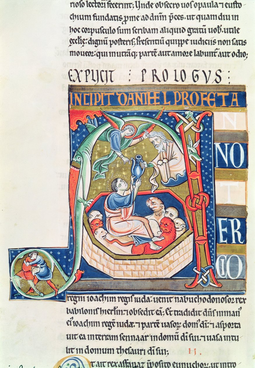 Historiated initial A depicting Daniel in the Lions Den, from the Souvigny Bible by French School