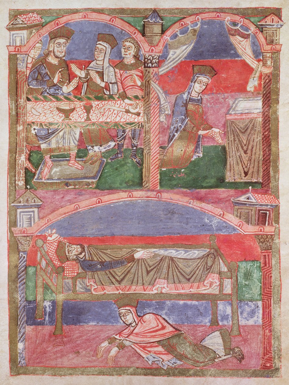 St. Radegund at the table of Clothar I, in her oratory and at the feet of the royal bed, from the Life of St. Radegund by French School