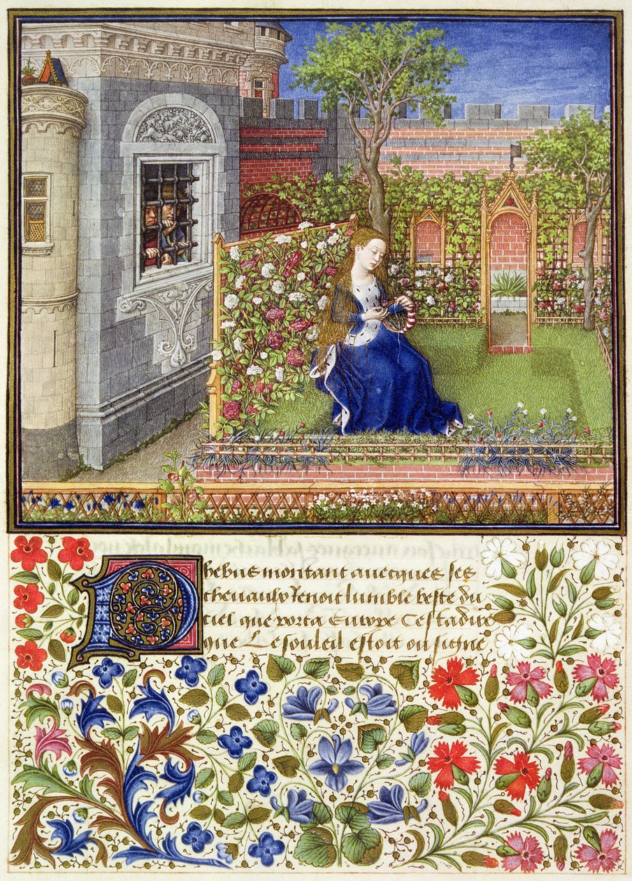 Ms 2617 Emilia in her garden, Plate 22, from La Teseida, by Giovanni Boccaccio by French School