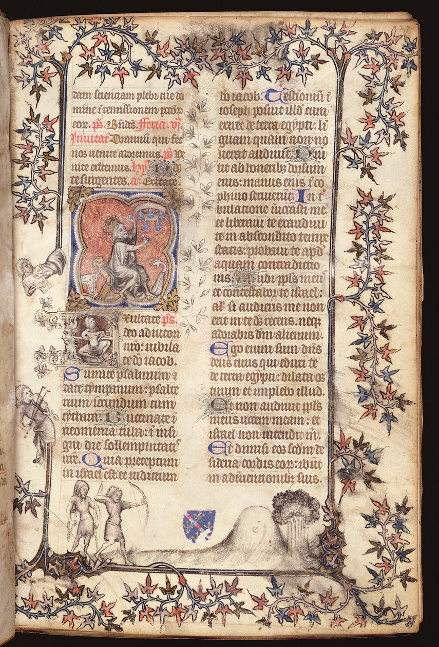 King David seated strikes a peal of five bells, from a Breviary, Use of Paris, 1400 by French School