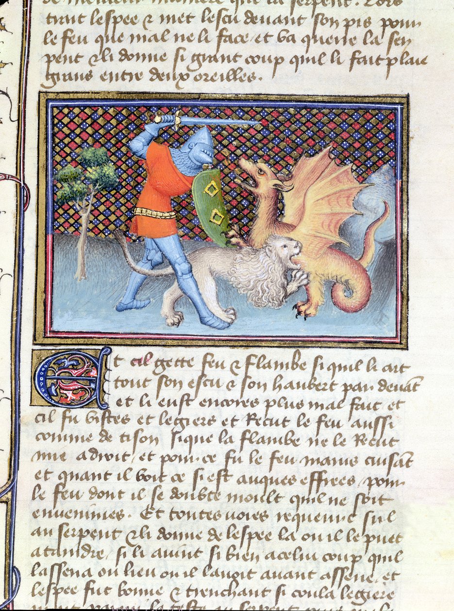 Yvain, the Knight with the Lion, fighting a dragon, miniature from Roman de Lancelot by French School