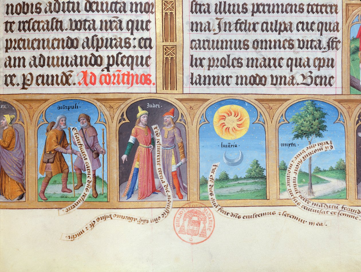 Book of Hours with illustrations of pilgrims, Jews, sun, moon and myrtle by French School