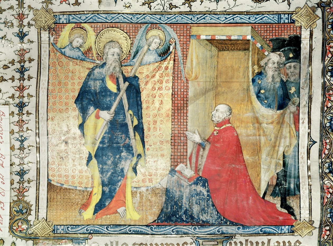 Jean de France (1340-1416) Duke of Berry praying before St. Andrew, from the Lectionnaire de la Sainte-Chapelle de Bourges by French School
