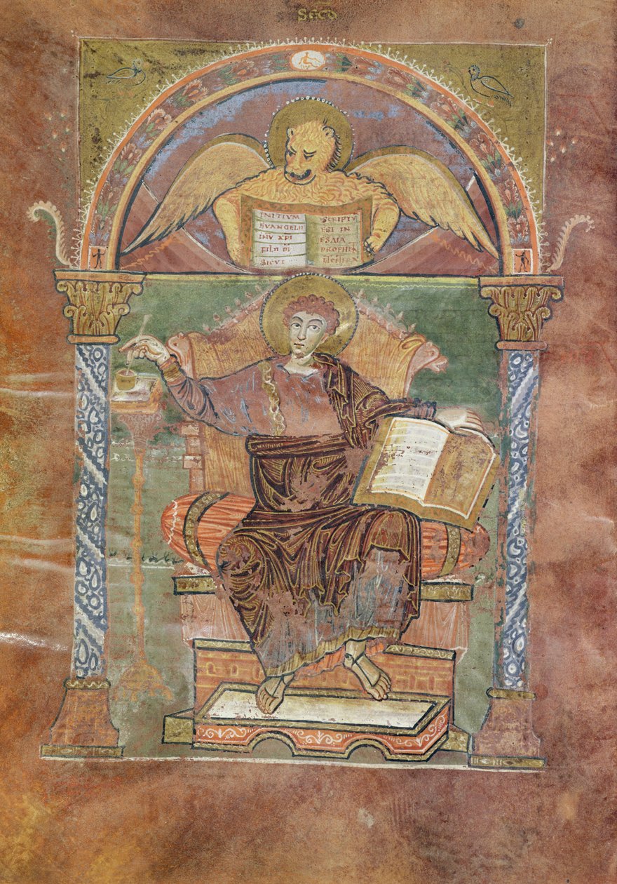 Ms 4 fol.66v St. Mark, from the Gospel of St. Riquier, c.800 by French School