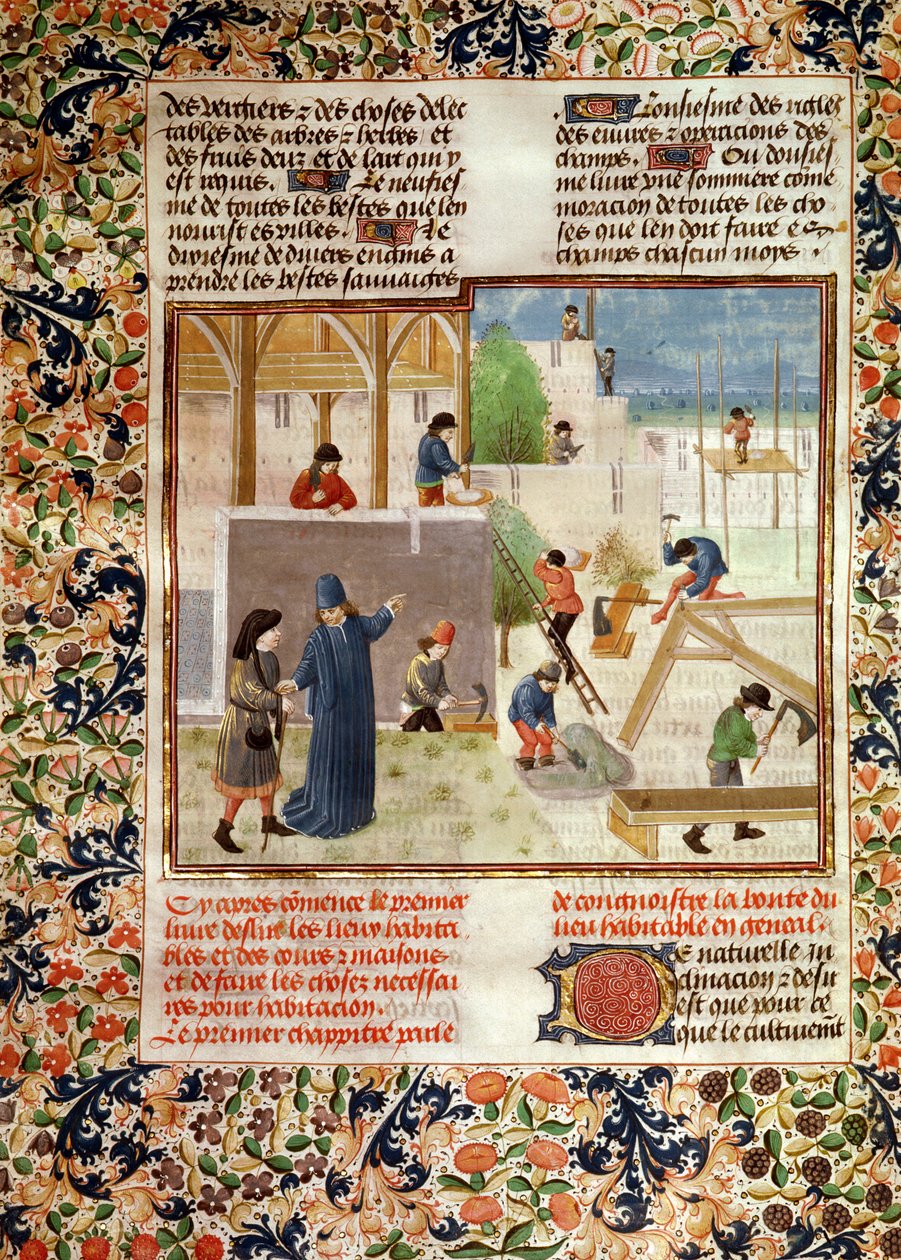 Construction of a House, from Livre des Prouffitz Champestres by Pietro de Crescenzi by French School