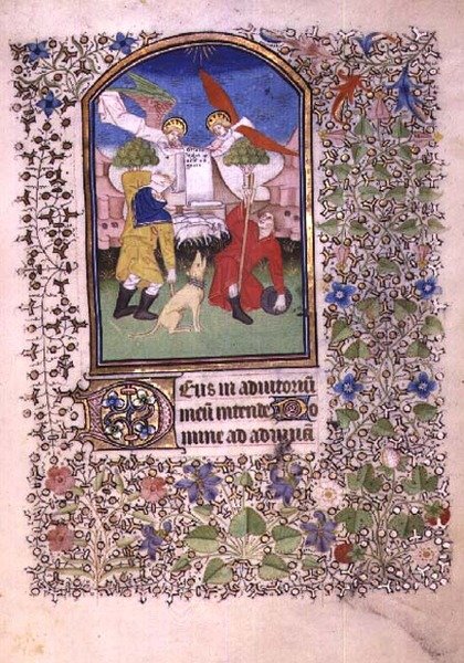Two angels appearing to the shepherds, from the Besancon Book of Hours by French School