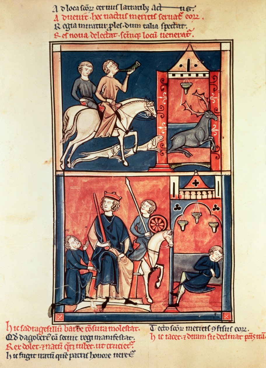 A Stag Hunt and a King, Possibly Dagobert I (632-39) on His Throne, from the Life and Miracles of St. Denis by French School