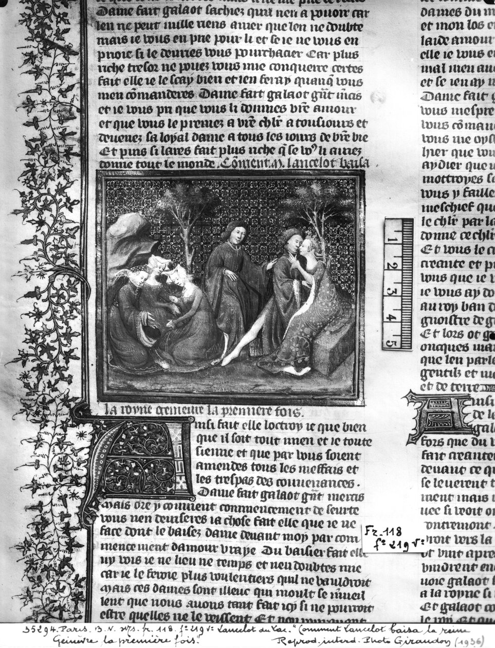 Ms Fr 118 fol.219v How Lancelot Kissed Guinevere for the First Time, from the Livre de Messire Lancelot du Lac by French School