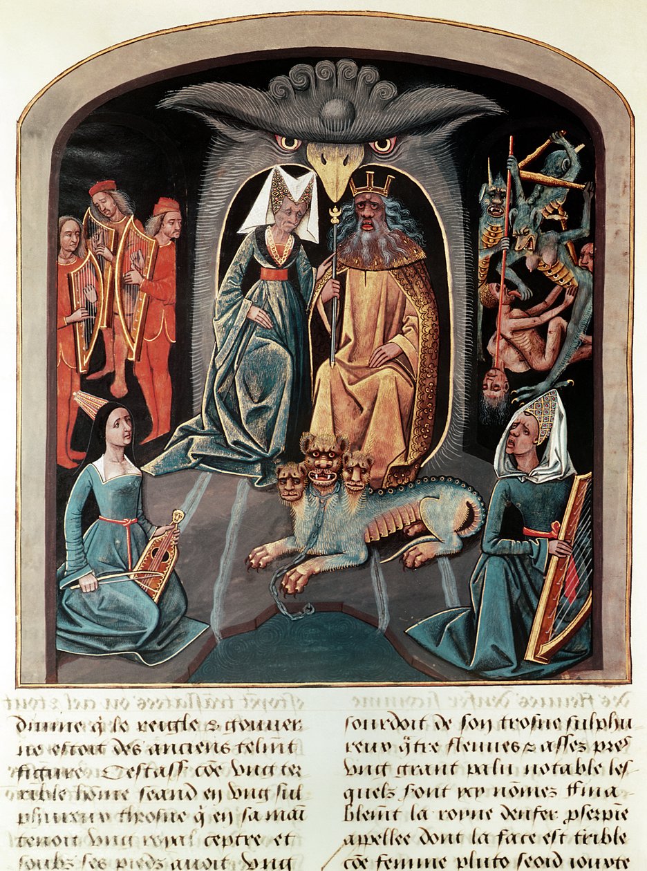 Hades and Persephone seated in the underworld on a throne in the form of an eagle