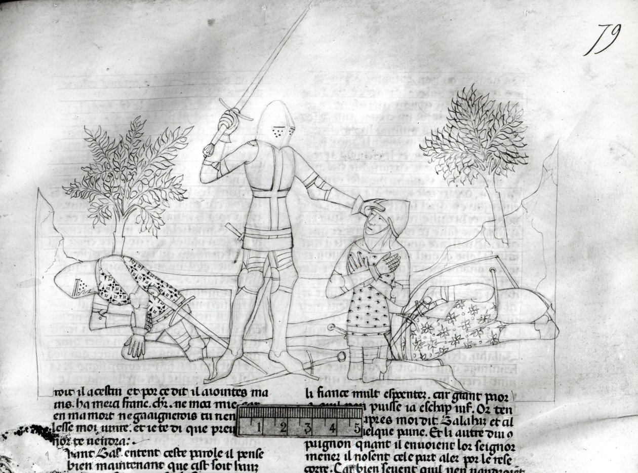 Arming a knight on a battlefield, from Lancelot du Lac by French School