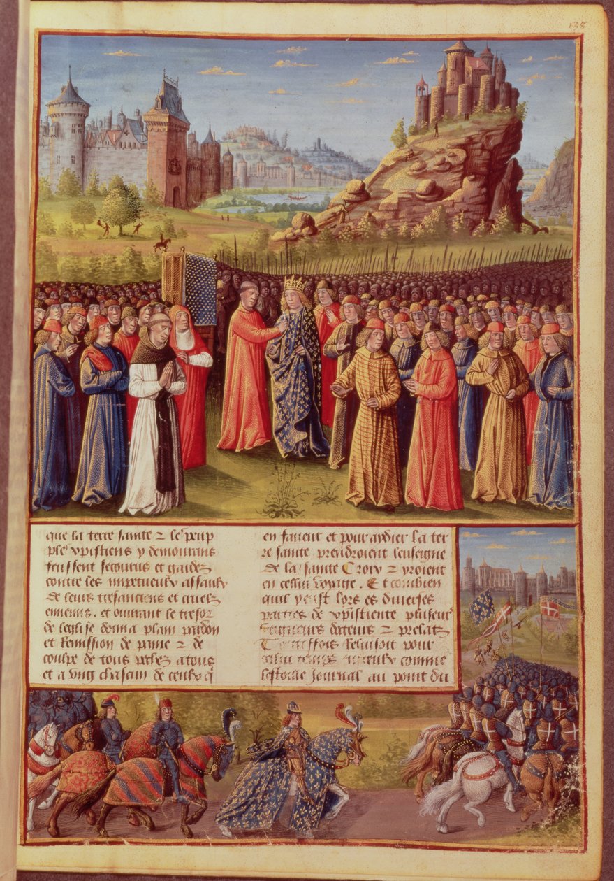 Saint Bernard (c.1090-1153) of Clairvaux preaching the Second Crusade in the presence of King Louis VII (c.1120-80) of France at Vezelay in 1146, from Passages faits Outremer by French School