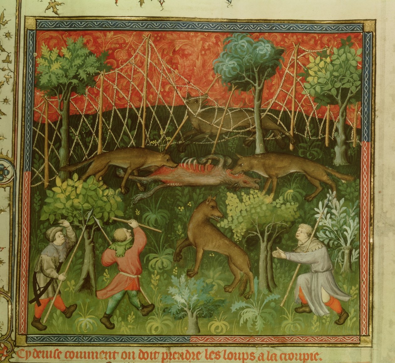 Wolf hunt with the aid of nets, from the Livre de la Chasse by Gaston Phebus de Foix (1331-91) by French School