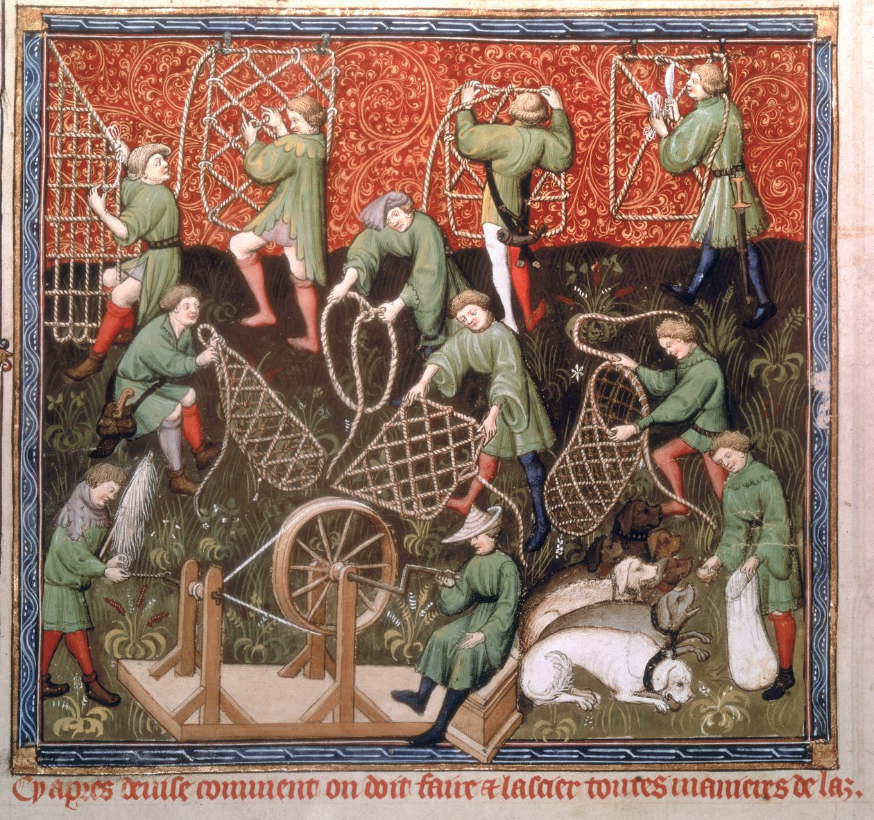 Men with nets, from the Livre de la Chasse by Gaston Phebus de Foix by French School