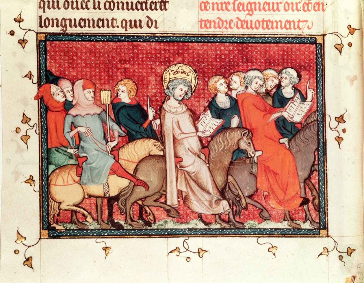 The king dictating his hours while riding a horse, from Life and Miracles of St. Louis by French School