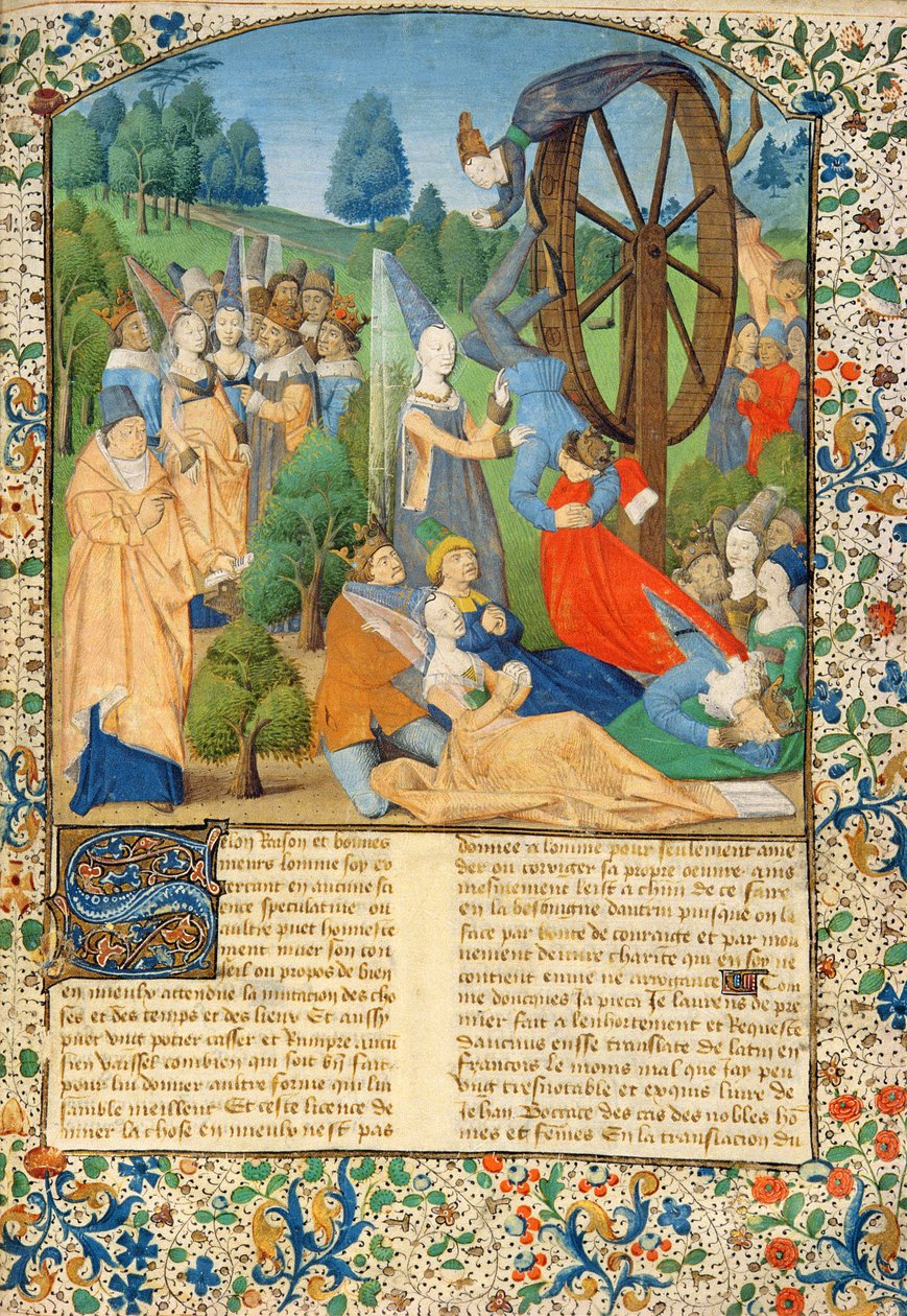 Dame Fortune and victims falling from her wheel, from Boccaccio