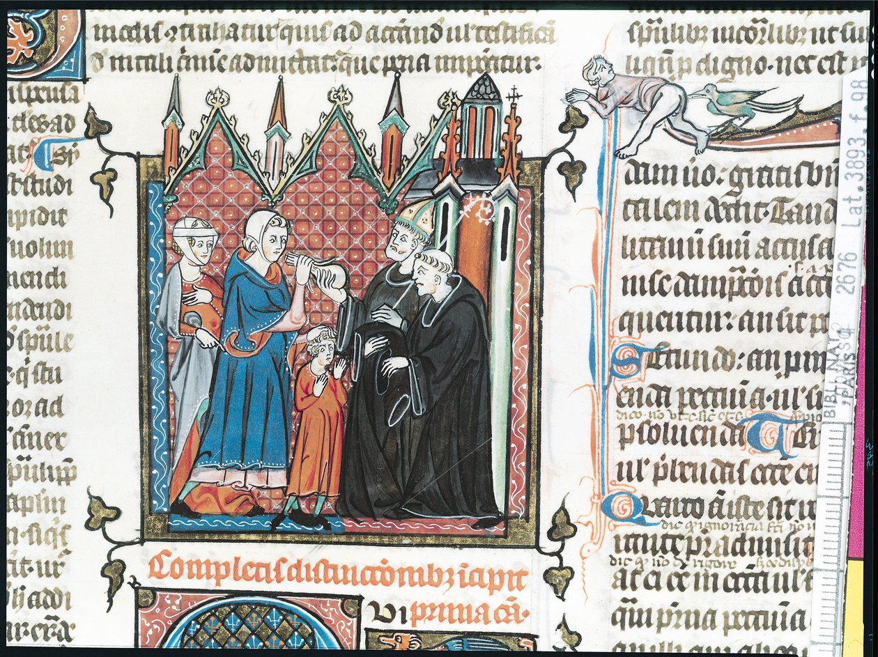 Parents offering a bishop money to take their son into the abbey, 1314 by French School