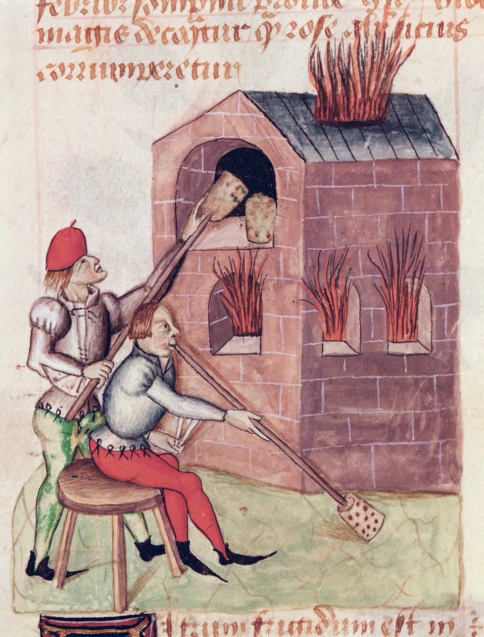Glass blowers, from Tractatus de Herbis by Dioscorides by French School