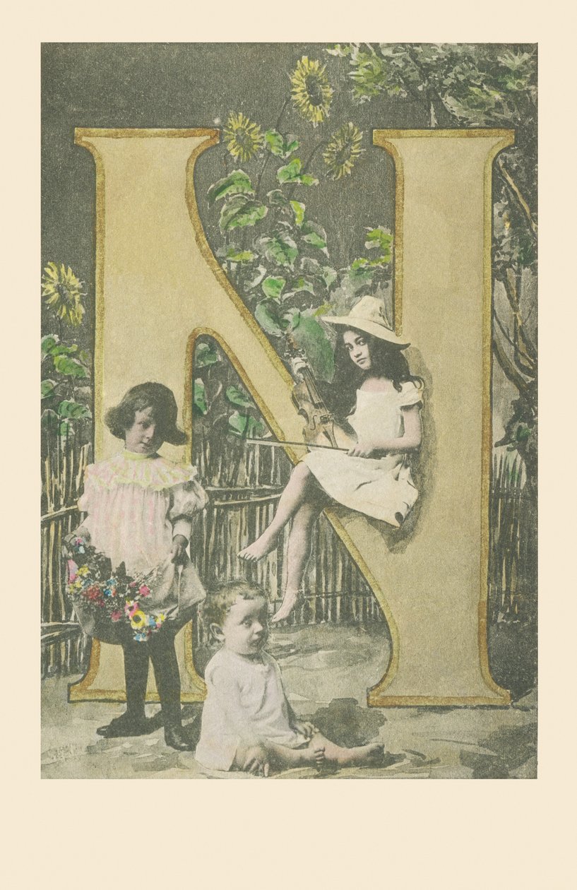 A girl holding a violin, another carrying flowers, a baby sitting by French School