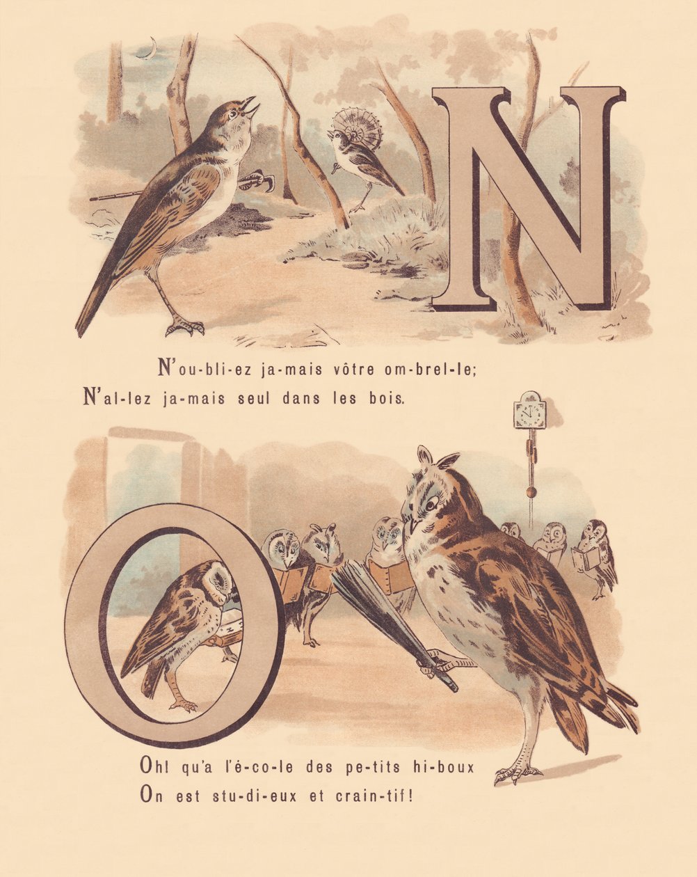 N: Nightingale, nuptial, owl, orthography by French School