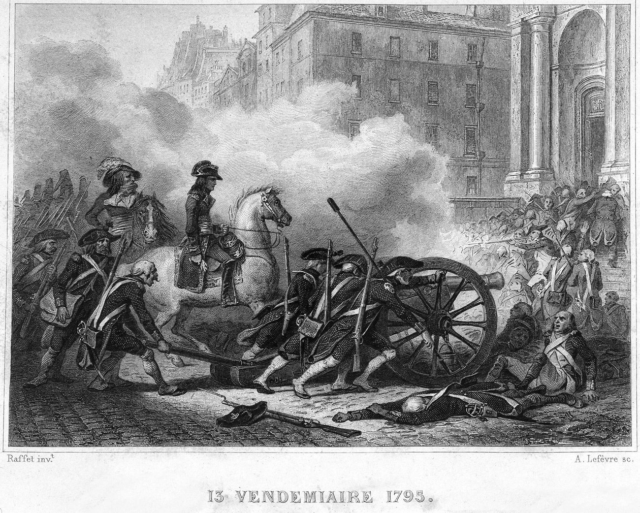 Napoleon Crushing Royalist Rebellion - Napoleon Bonaparte (on horseback) commanding revolutionary troops in street fighting on 13 Vendemiaire (5 October) - 13 Vendemiaire 1795 (Royalist insurrection of 5 October 1795) by French School