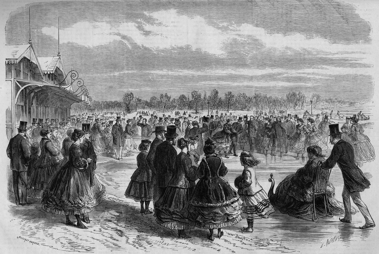 Napoleon III (1808-1873) and Empress Eugenie de Montijo (1826-1920) at the Skating Club of Bois de Boulogne in Paris. Engraving in 