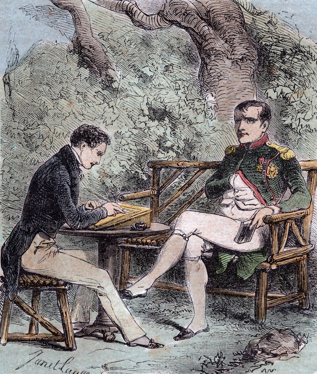 Napoleon at Saint Helena - Napoleon dictates his memoirs to Emmanuel Pons de Las Cases (1800-1854) son of Emmanuel de las Cases - From Emmanuel de las Cases, Napoleon, Memorial de Sainte-Helene by French School