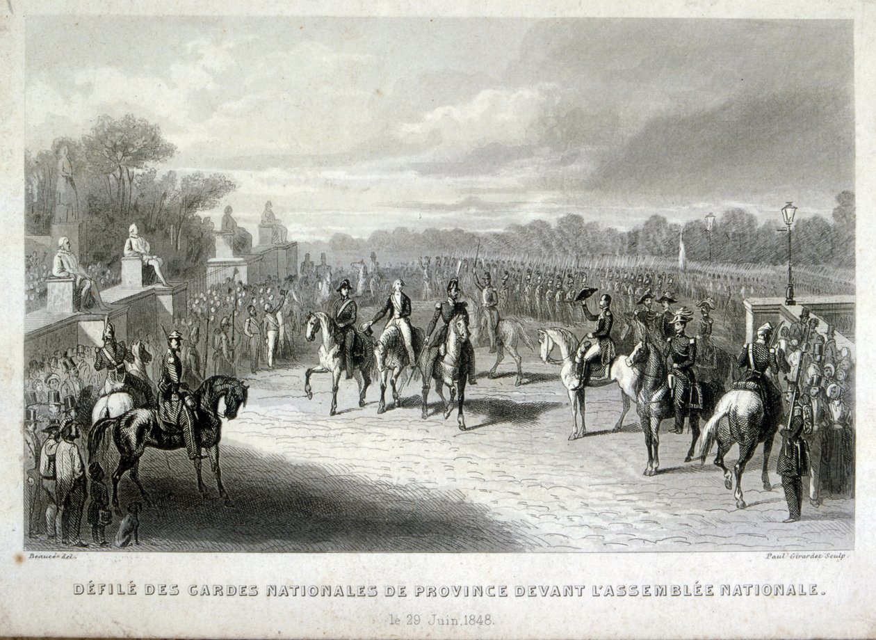 National Guard soldiers protect the National Assembly in Paris. Engraving during the French 1848 Revolution by French School