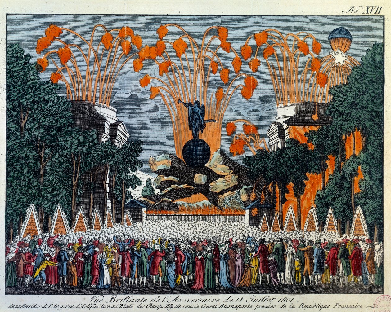 National fete of 14 July 1801 on the Champs Elysees, Paris: Fireworks takes place of the star at the Champs Elysees in Paris by French School