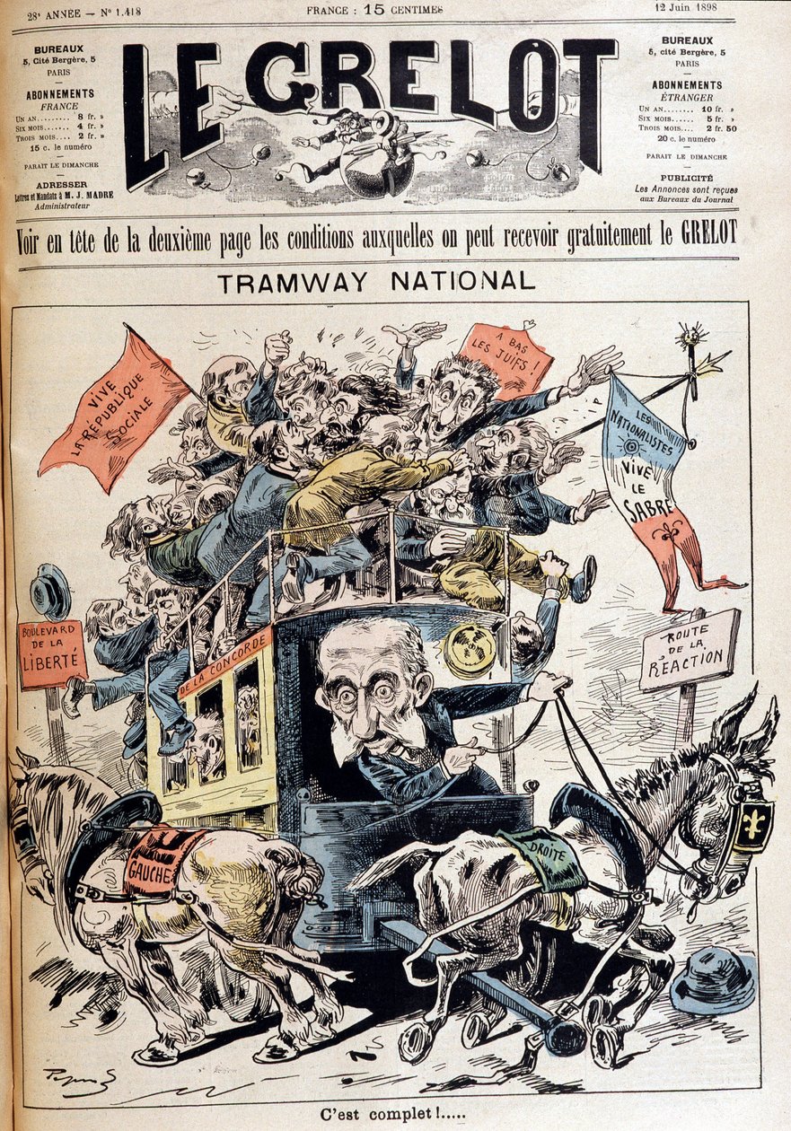 National tram: France discarded between the ideas of left and right, caricature about the Meline government - in Le Grelot of 12/06/1898 by French School