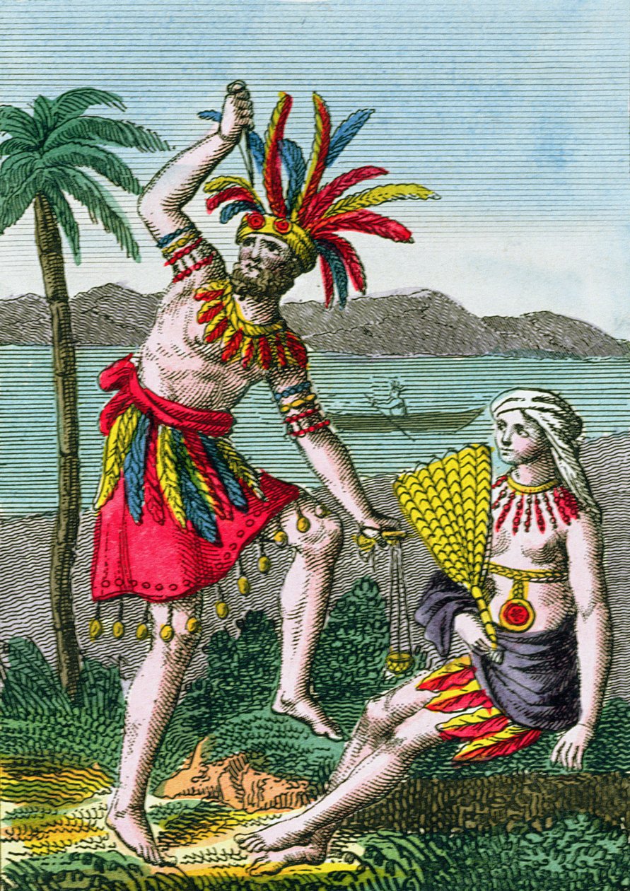 Native inhabitants of the Marquesas Islands, illustration from Histoire des Voyages Autour du Monde by J. Dufay, published by Courvalet & Co., Paris, 1826 by French School