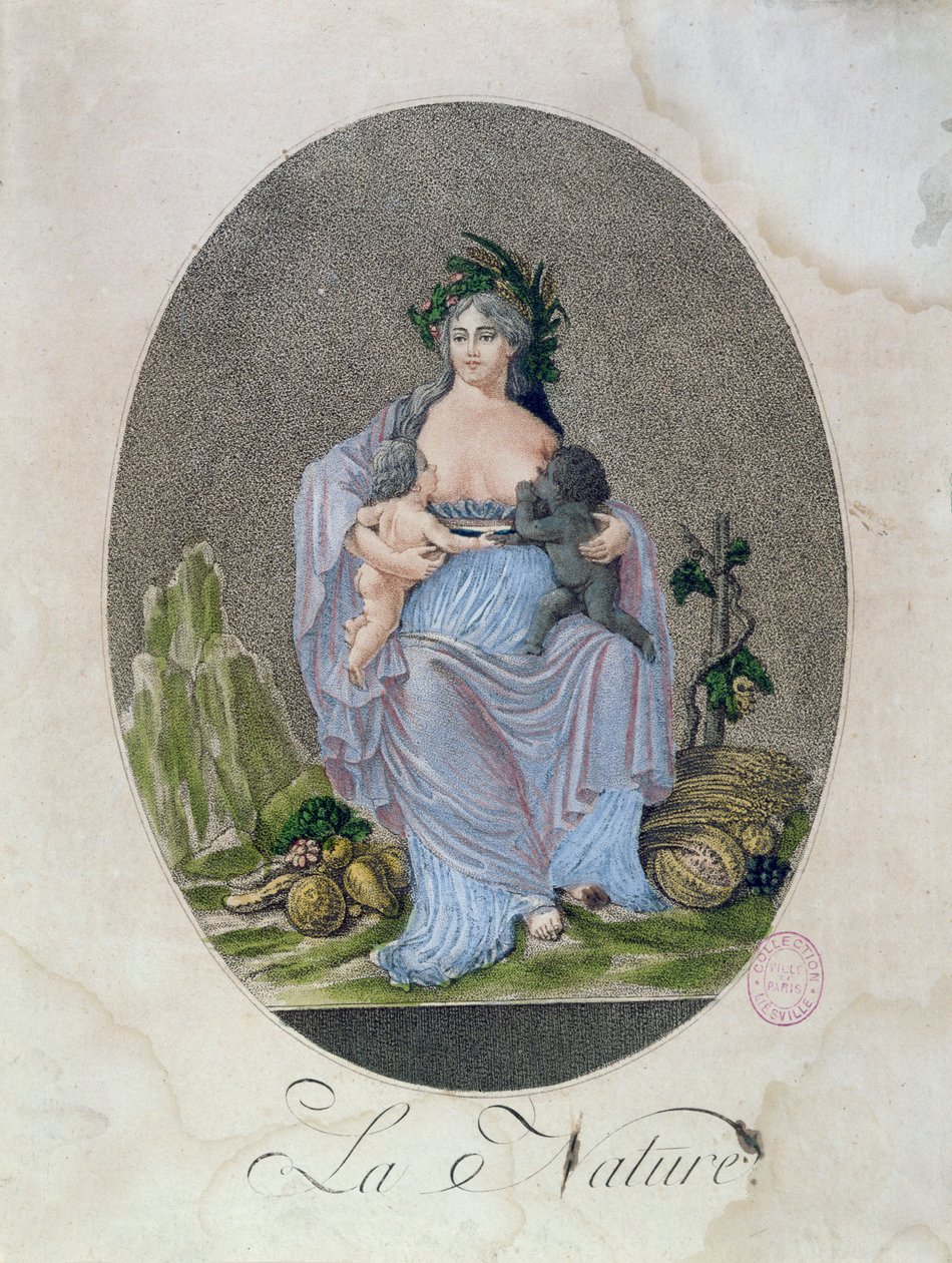 Nature Breastfeeding a Black Baby and a White Baby by French School