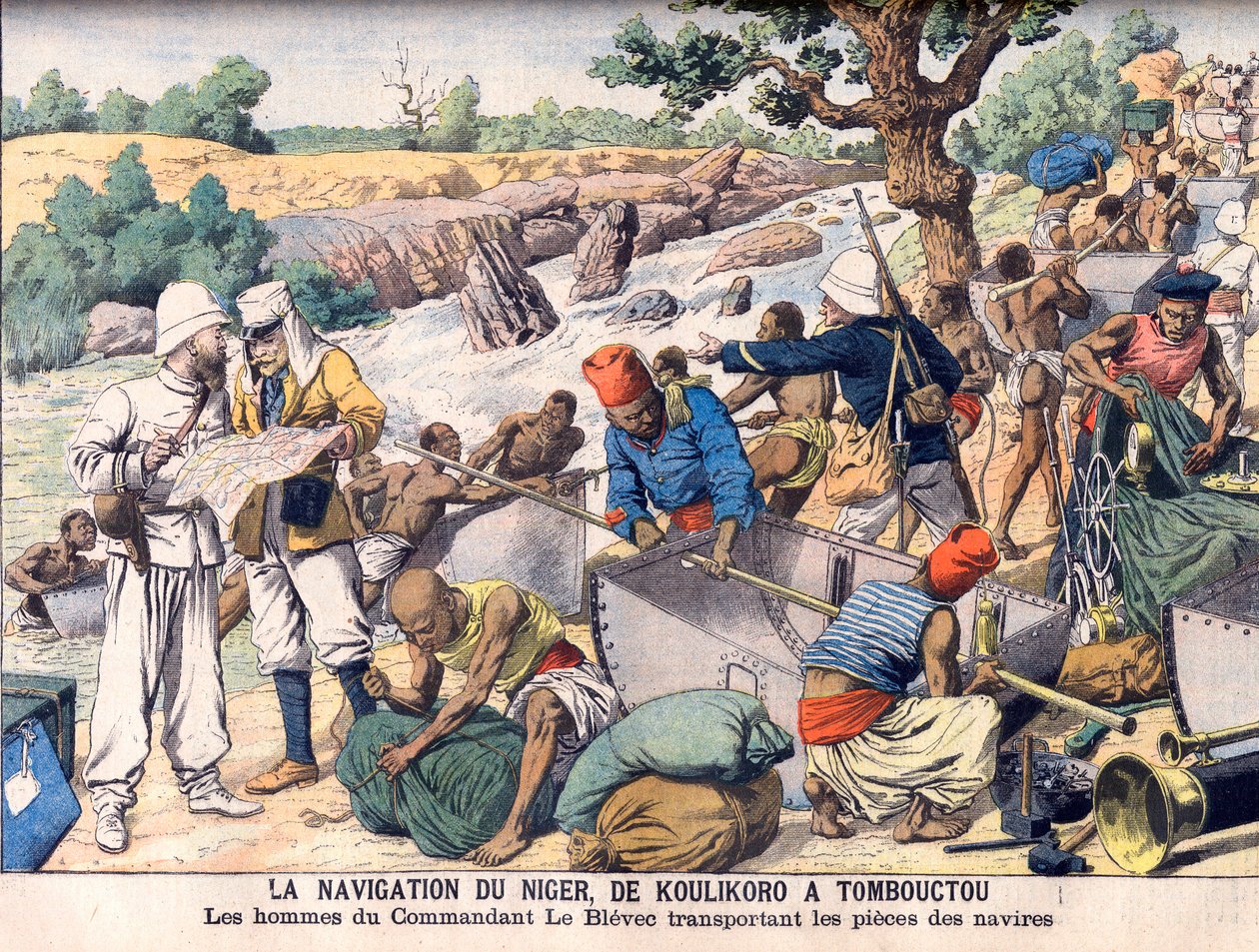 Navigating the River Niger between Koulikoro and Timbuktu. An Expedition Commanded by Commander Le Blevec Transporting Boats in Sections Around Rapids. by French School