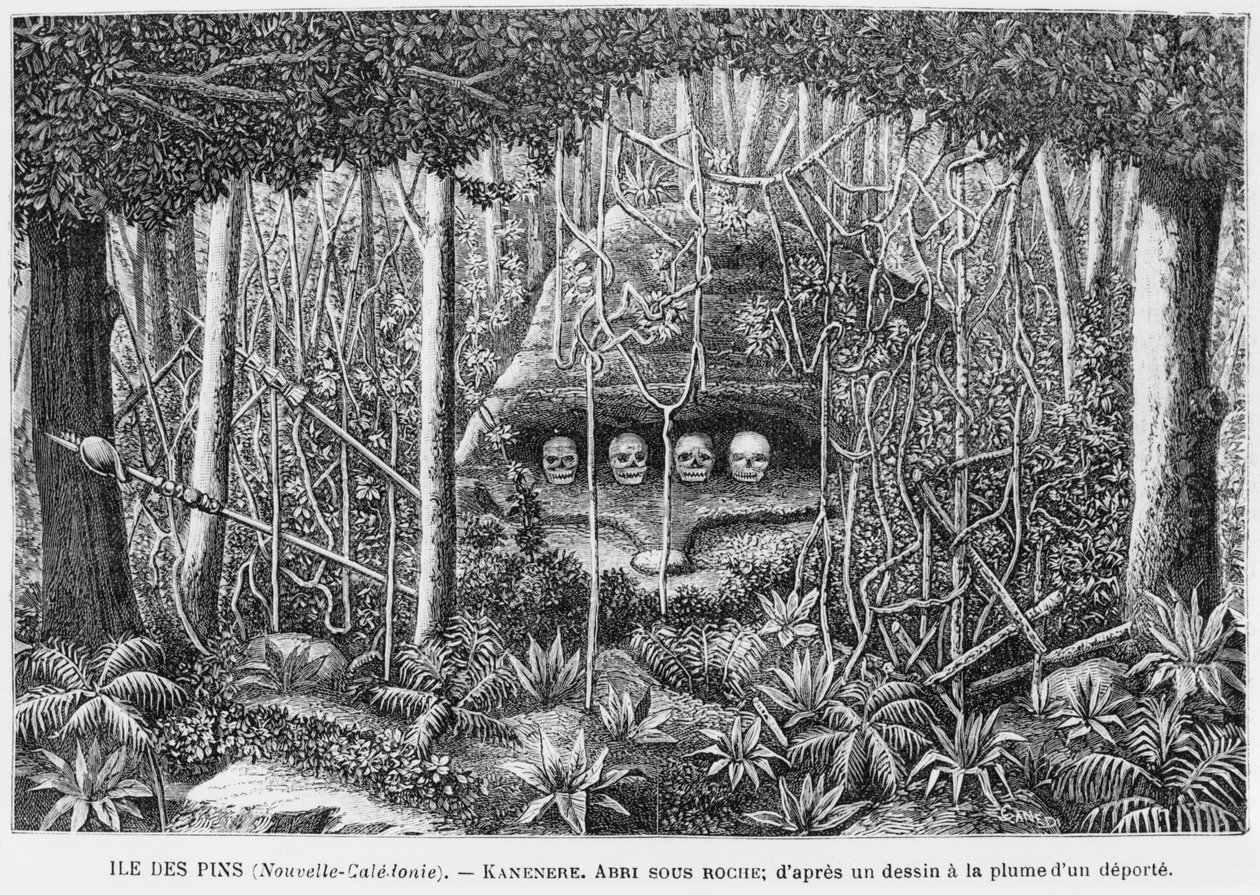 New Caledonia, Isle of Pines, A Shelter in the Rocks, After a Pen and Ink Drawing by a Deportee, Illustration from the Bulletin Les Missions Catholiques, 1893 by French School