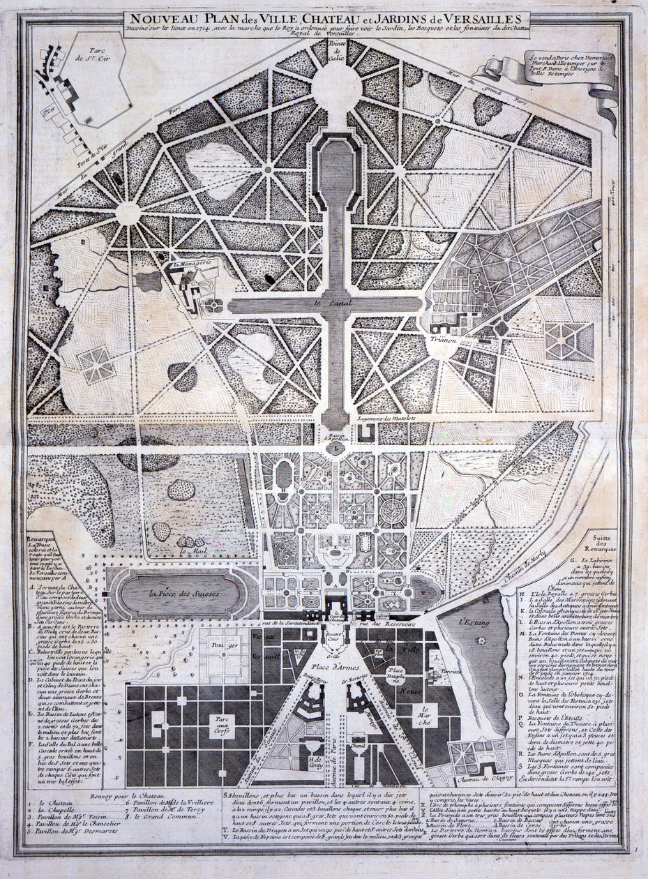 New Plan of the Town, Castle and Gardens at Versailles, from Les Plans, Profils et Elevations des Villes et Chateau de Versailles by French School
