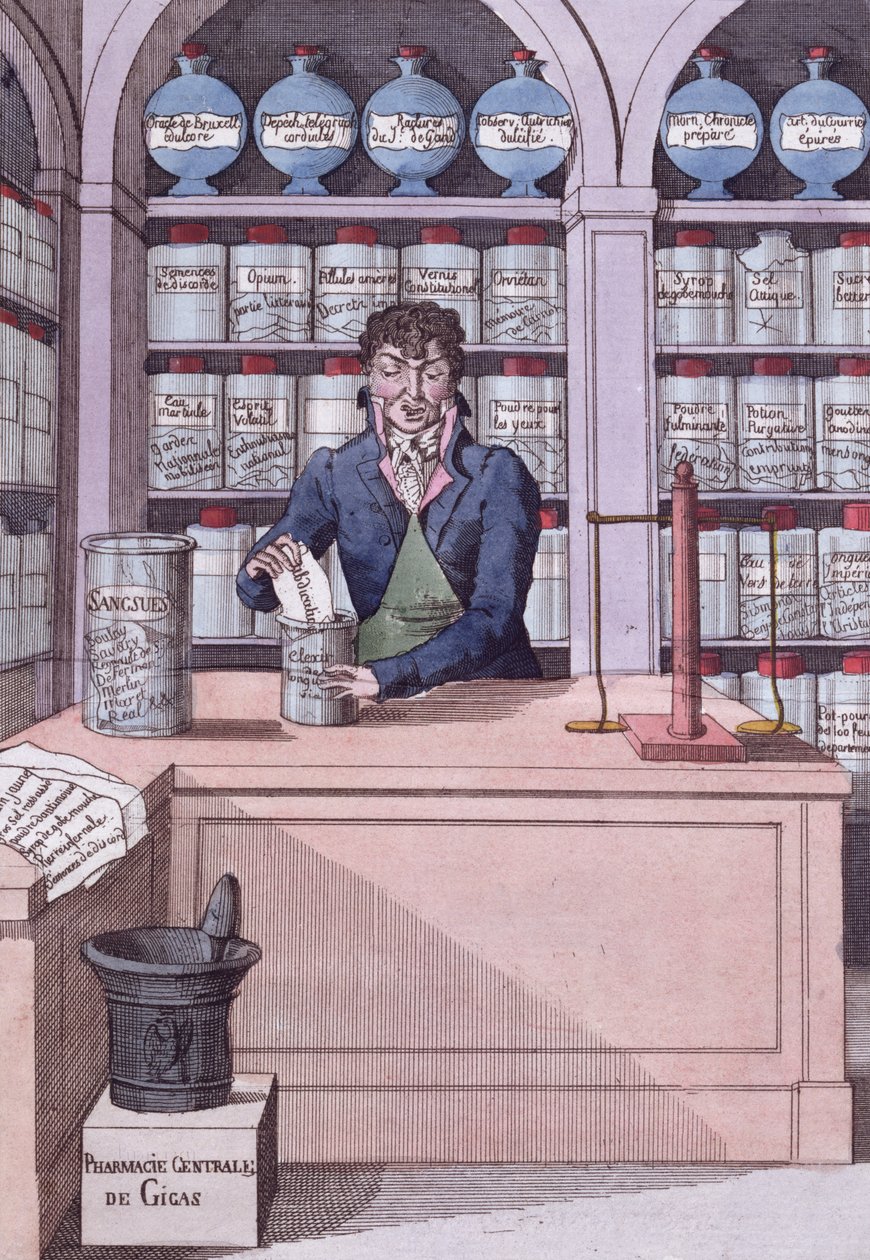 Newspaper dispensary under Napoleon, or the Chemist Academician, cartoon depicting the Press crushed by Napoleon by French School