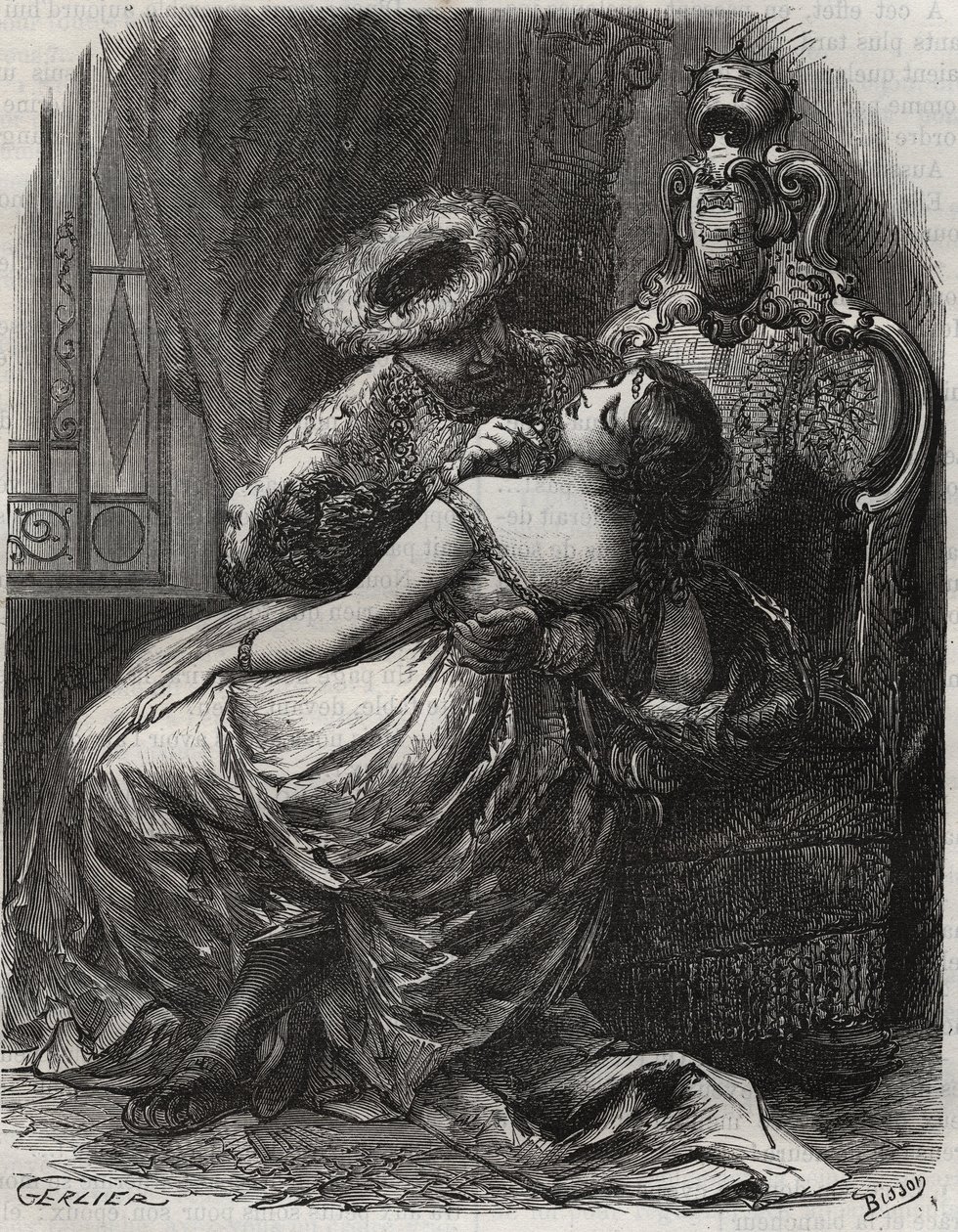 Nice neck! That an executioner would be happy to cut it off! King Henry VIII of England (1491-1547) with his wife, Catherine Parr (1512-1548). Engraving from 1871 in Histoire Des Cocus Celebres by Henry de Kock (1819-1892) by French School