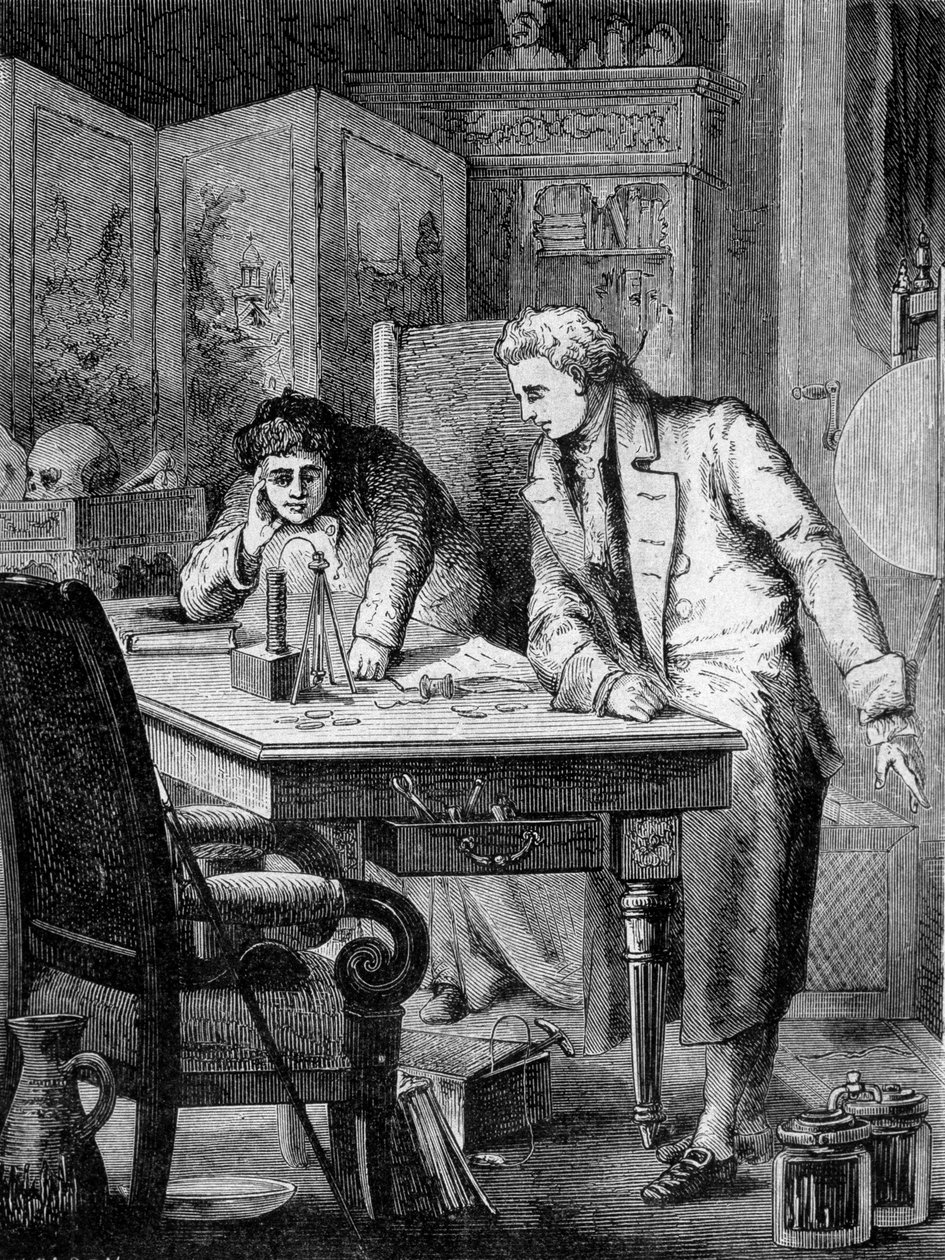 Nicholson and Carlisle decomposing water by the pile of Volta by French School