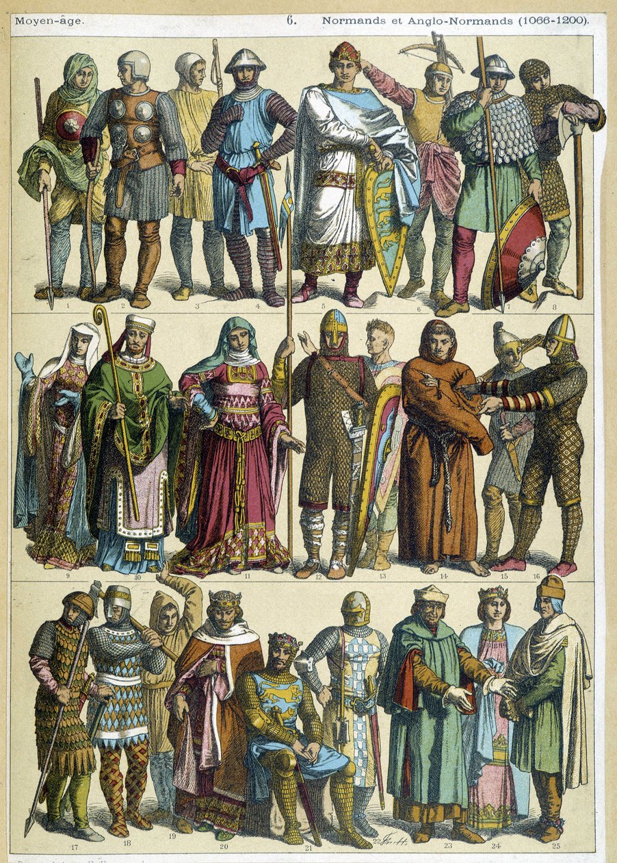 Norman and Anglo-Norman civil, religious and warriors costumes (1066-1200) - engraving by French School