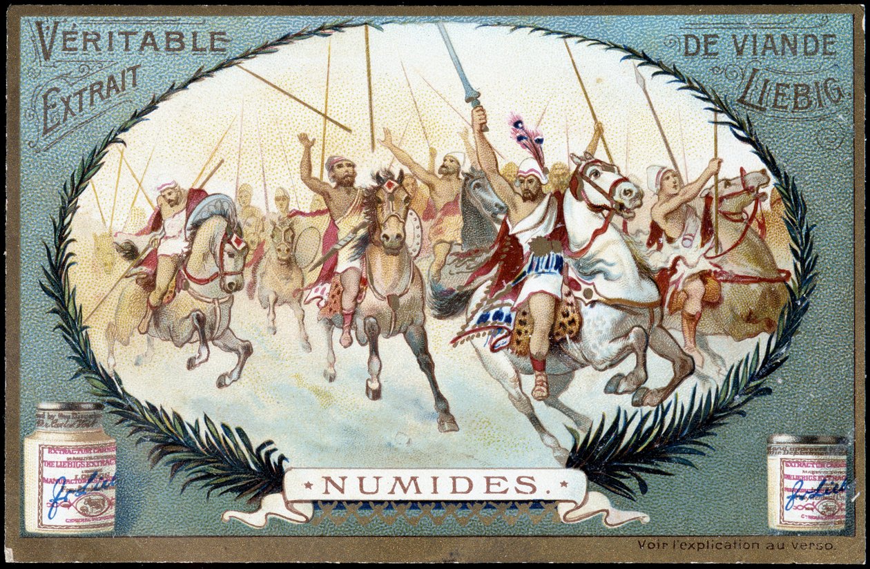 Numidia in Antiquity: Numidian equestrian game. Liebig chromolithography late 19th century by French School