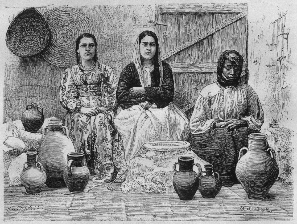 Oil merchants at Jerusalem, from La Syrie daujourdhui. Voyages dans la Phenicie, le Liban et la Judee. 1875-1880 by Louis Charles Emile Lortet, 1884 by French School
