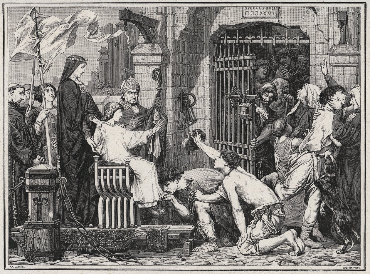 On the occasion of his future (1227), the young Louis IX made prisoners delivate - engraving in 