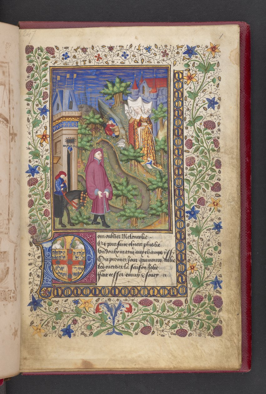 A gentleman in a landscape, followed by another mounted on a horse, with three ladies. Le livre des quatre dames; par Alain Chartier by French School